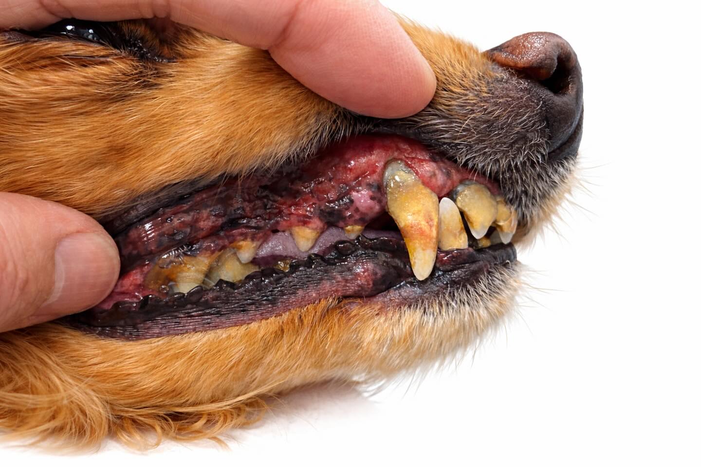 重度の歯周病を患う犬に対して、全身麻酔下で処置を行いました