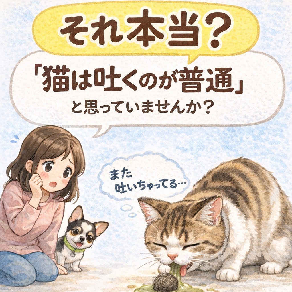 【それ本当？】シリーズ 第１回 「猫は吐くのが普通」 と思っていませんか？ 猫は毛づくろいをする動物なので、 毛を飲み込んで時々吐くことはあります