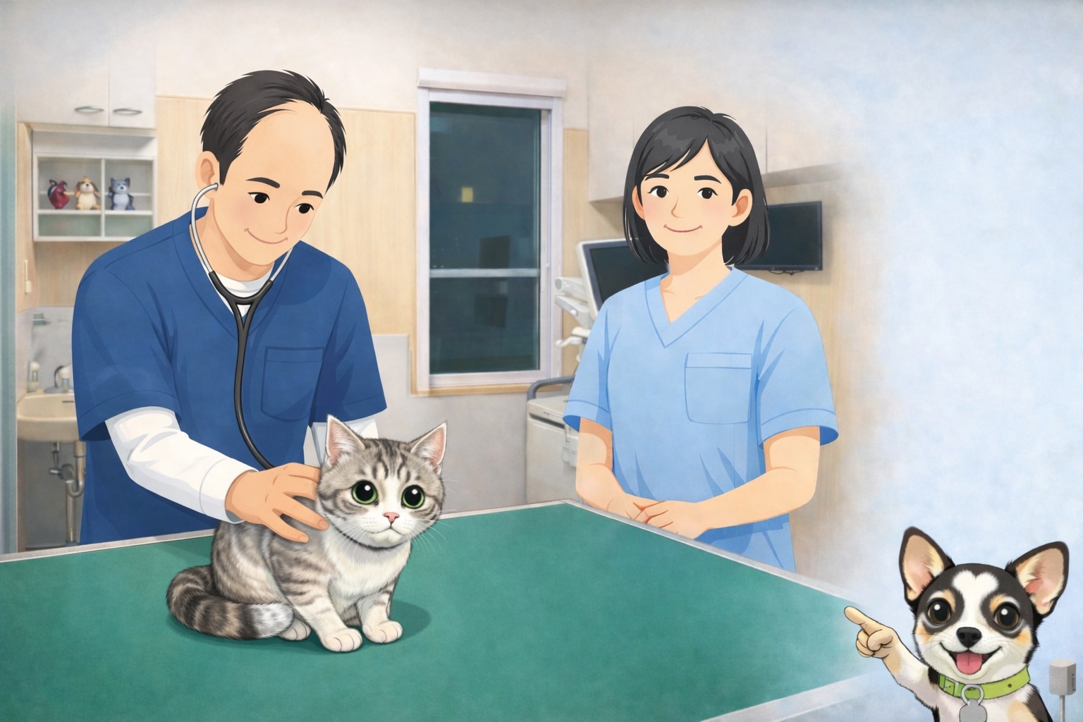 【動物病院あるある】シリーズ 第3回 病院では借りてきた猫 家では元気いっぱいで、 走り回ったり、いたずらしたりしているのに—— 動物病院に来ると 「……