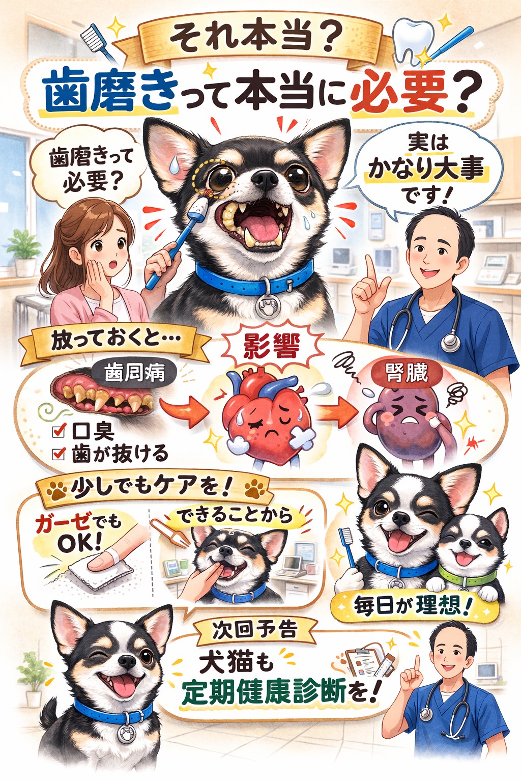 【これやってほしい】シリーズ 第４回 「歯磨きって本当に必要？」 結論から言うと… 👉 かなり大事です！ 犬や猫はとても歯周病になりやすく、 3歳以上では多くの子に歯周病があると言われています