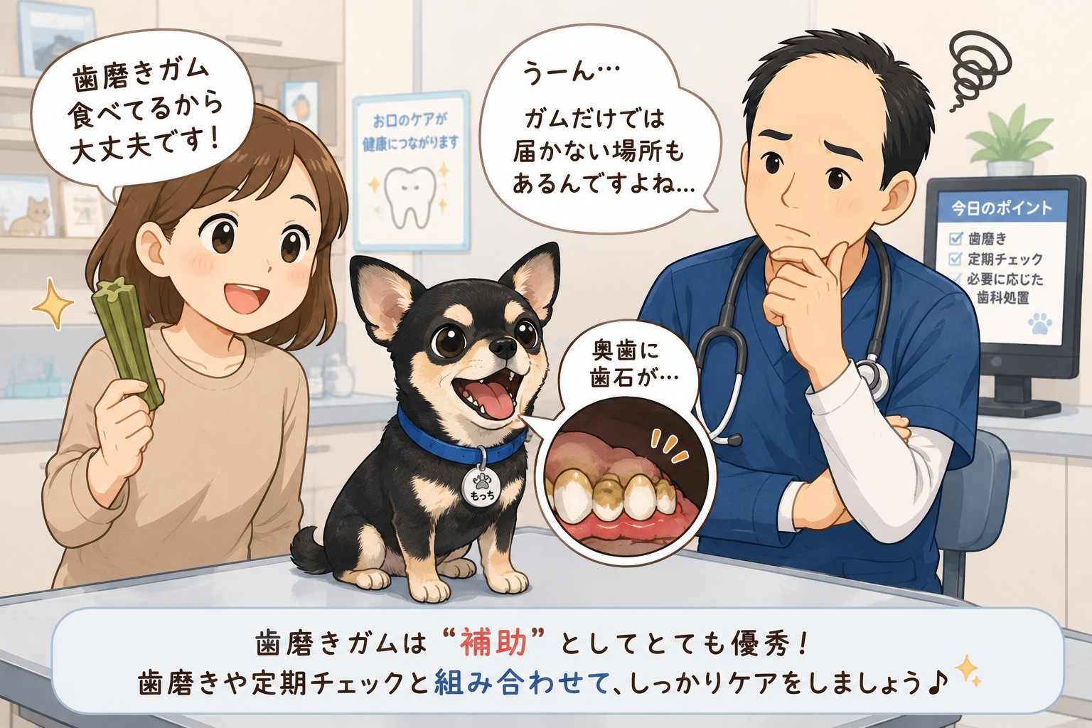 【それ、逆効果かも】 第4回 歯磨きガムだけで安心してませんか？ ⸻ 「歯磨きガム食べてるから大丈夫！」 実はこれ… ちょっと注意が必要です⚠️ ⸻ 歯磨きガムは 👉 “補助”としてはとても優秀 でも… 歯周病が進みやすい場所は ✔ 歯と歯ぐきの境目 ✔ 奥歯の裏側 ✔ 小型犬の細かい歯並び など、ガムだけでは届きにくいこともあります