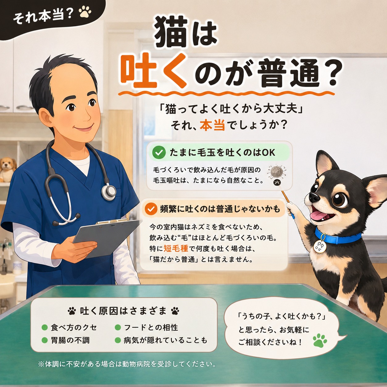 【それ本当？】 **「猫は吐くのが普通？」** 🐱「猫ってよく吐く生き物だから大丈夫ですよね？」 …それ、本当でしょうか？ たしかに猫は毛づくろいをするので、**たまに毛玉を吐くこと**はあります