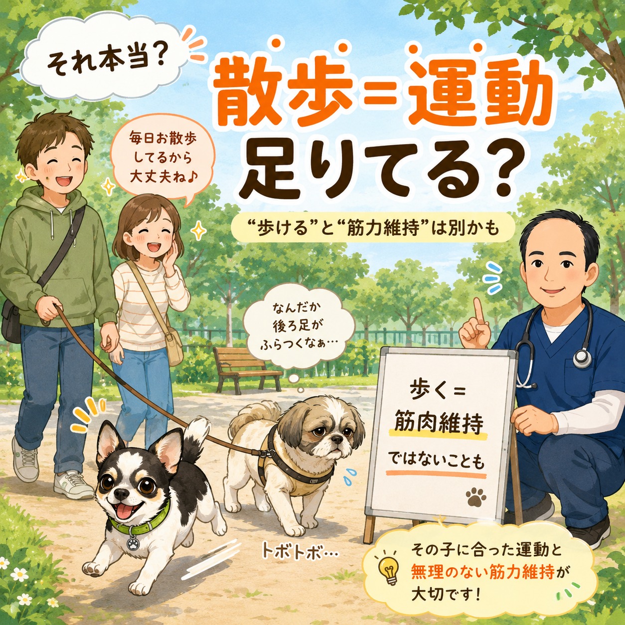 【それ本当？】散歩＝運動足りてると思ってませんか？ 内容 「毎日お散歩してるから大丈夫」 と思っていませんか？ 実は、お散歩は 運動だけでなく においを嗅いだり 外の刺激を受けたりする時間でもあります