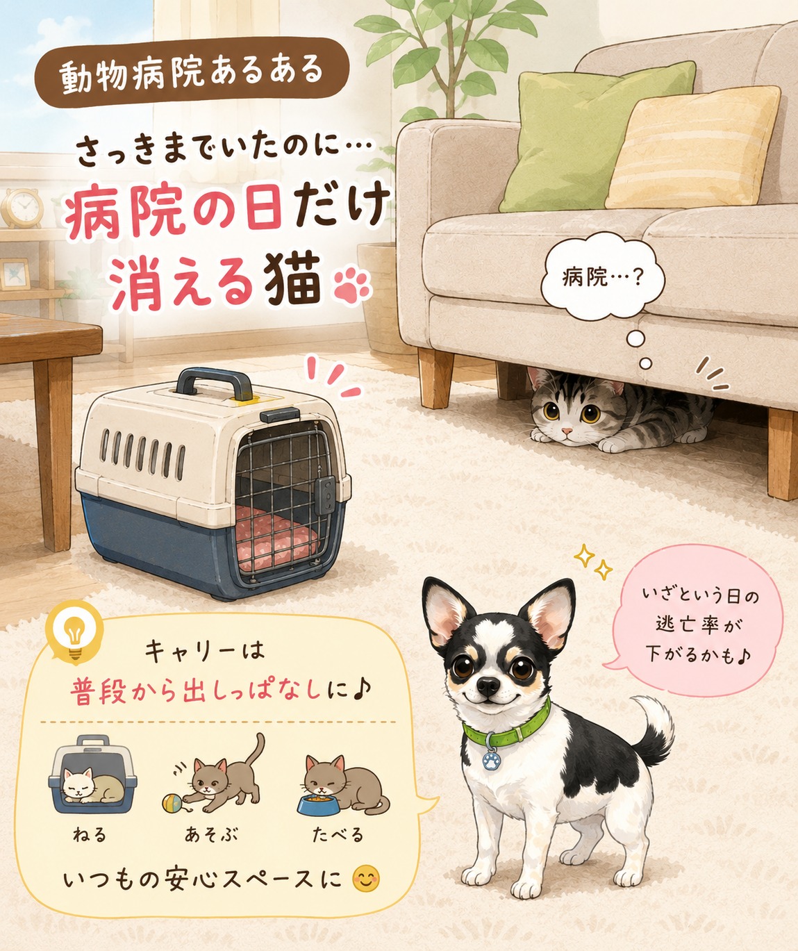 【動物病院あるある】 タイトル 「さっきまでいたのに…病院の準備を始めると消える猫」 内容 「病院行こうか〜😊」 …と言った瞬間、 🐱「気のせいかな？」 🐱「ちょっと押し入れ行ってくる」 🐱「今日は出ません