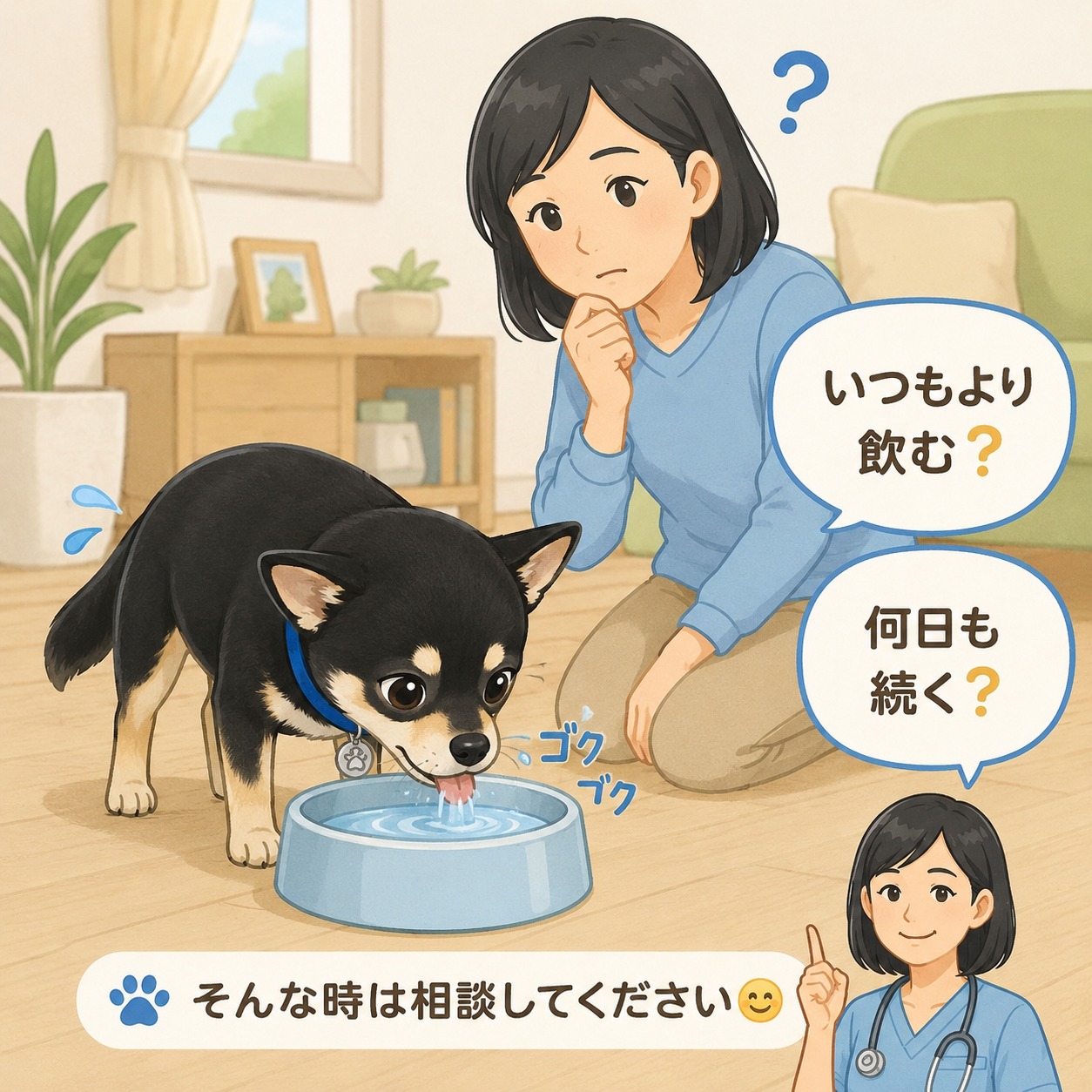 🟩 お願い・知ってほしい 「水を飲む量が増えた」は大切なサインかもしれません 暑い時期は水を飲む量が増えることがあります