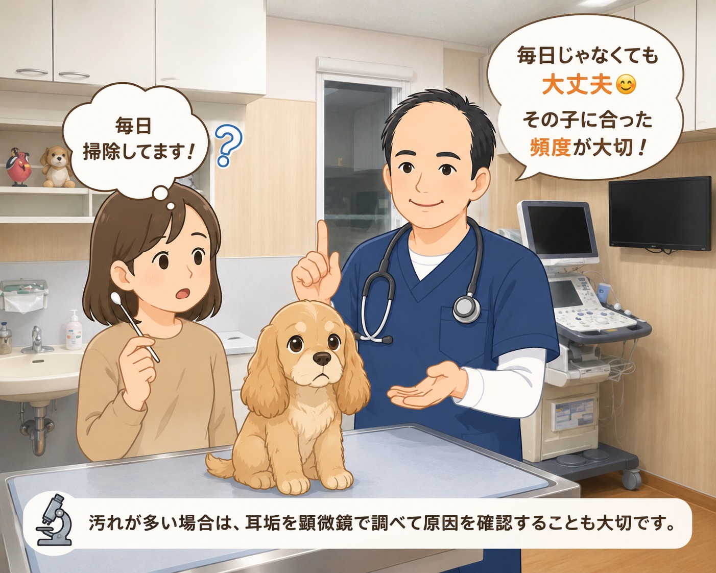 🟨 獣医師が解説 耳掃除は毎日必要？ 実はやりすぎもよくありません 毎日耳掃除をしているご家族から、 「毎日やった方がいいですよね？」 と聞かれることがあります