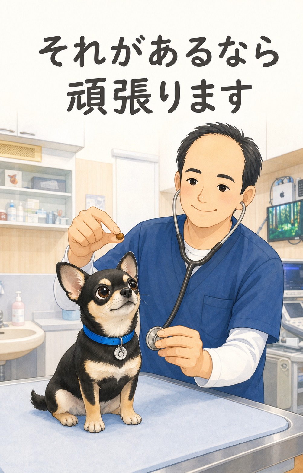 🟦 動物病院あるある おやつがあると、ちょっとだけ頑張れます 診察台の上では、ちょっぴり緊張