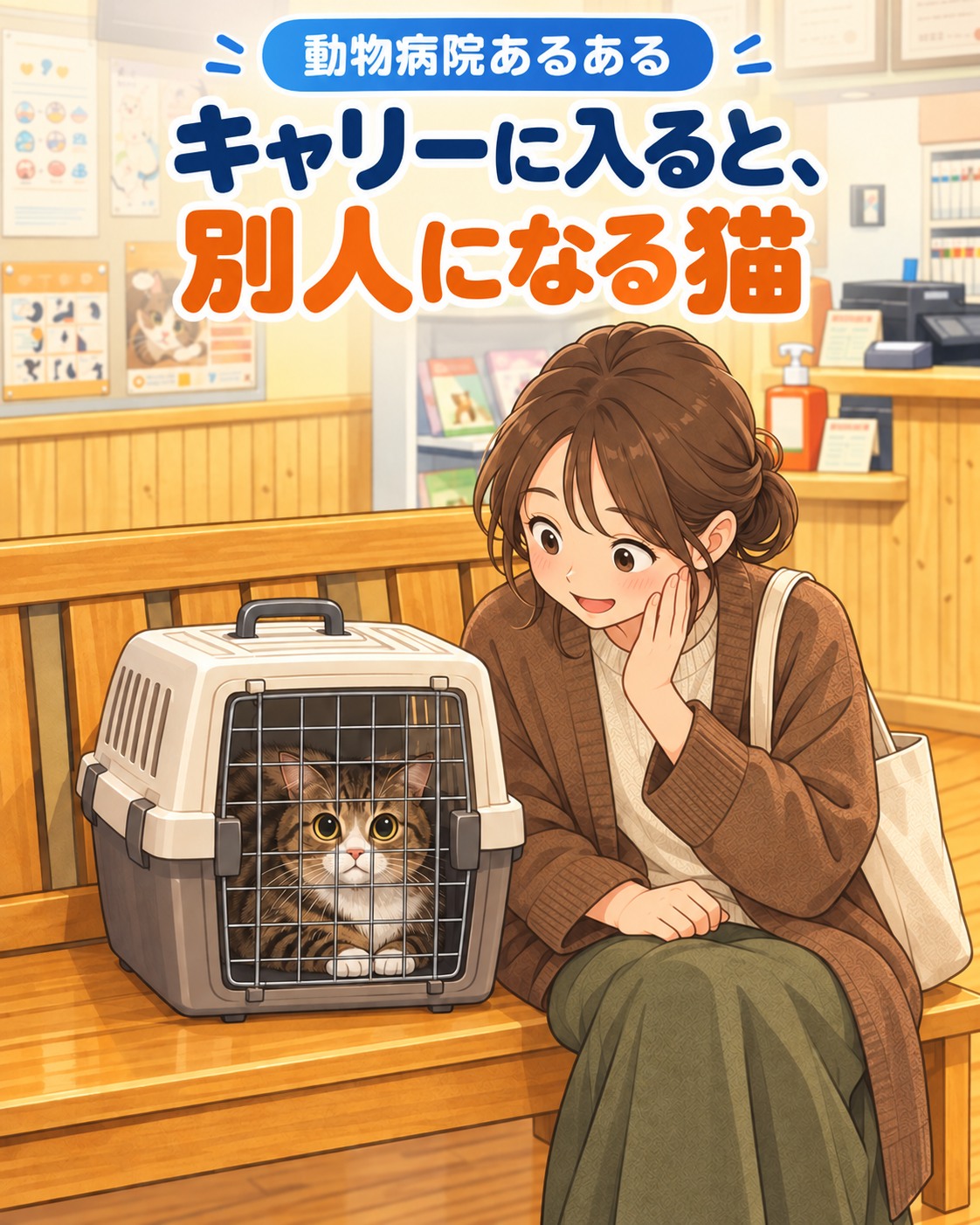 🟦 動物病院あるある キャリーに入ると、別人になる猫 家では、 「絶対に入りません！」 「つかまるものですか！」 と逃げ回っていたのに…… キャリーに入った瞬間、急に静かになる猫