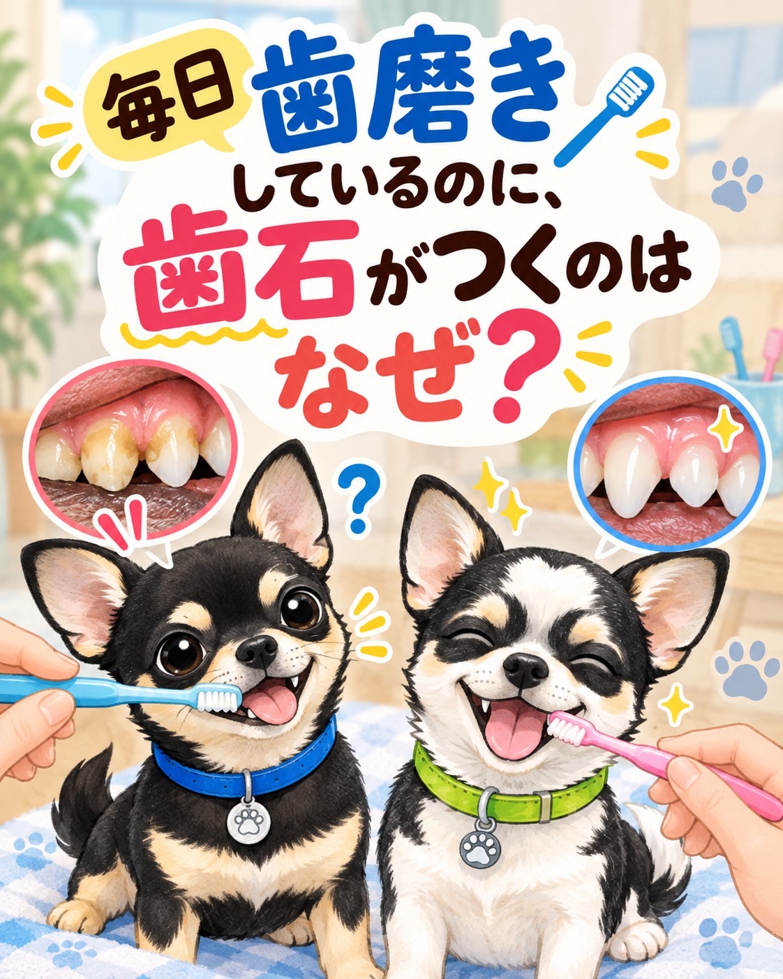 🟨 獣医師が解説 🦷 毎日歯磨きしているのに、歯石がつくのはなぜ？ 「毎日歯磨きを頑張っているのに、歯石がついてきた…」 そんな経験はありませんか？ 実は、犬や猫では毎日歯磨きをしていても、歯石がついてしまうことがあります